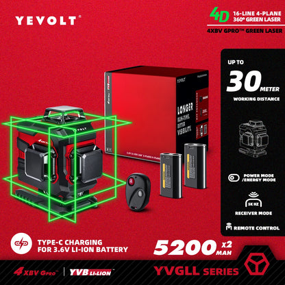 Nível a laser YEVOLT Green Beam 3D horizontal e vertical, 16 linhas, autonivelante, ferramentas de medição precisas de 360° - Série YVGLL4XS16