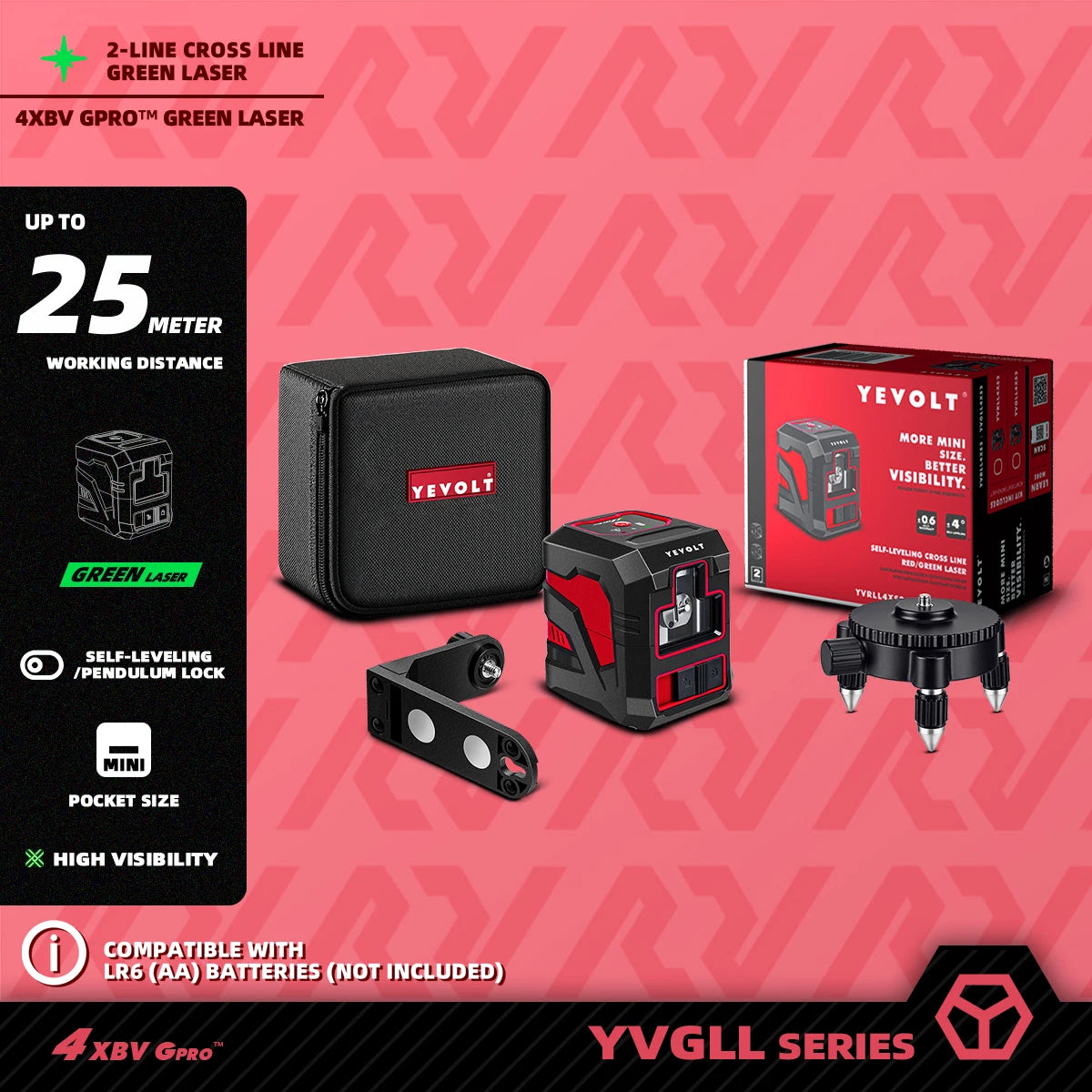 Kit de linhas cruzadas verdes YEVOLT Laser Level YVGLL4XS2 de 2 linhas - Suporte magnético, nivelamento automático, layout e ferramentas de medição de alinhamento