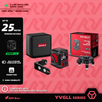 Kit de linhas cruzadas verdes YEVOLT Laser Level YVGLL4XS2 de 2 linhas - Suporte magnético, nivelamento automático, layout e ferramentas de medição de alinhamento