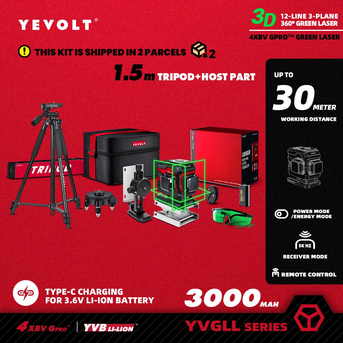 Nível a laser YEVOLT YVGLL4XS12T 3D, 12 linhas, autonivelante, 3 Ah/5,2 Ah, íons de lítio, ferramentas de medição horizontal e vertical 360