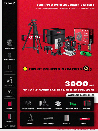 Nível a laser verde YEVOLT YVGLL4XS16 Seires 4D 16 linhas, controle remoto, máquina autoniveladora, ferramentas horizontais e verticais