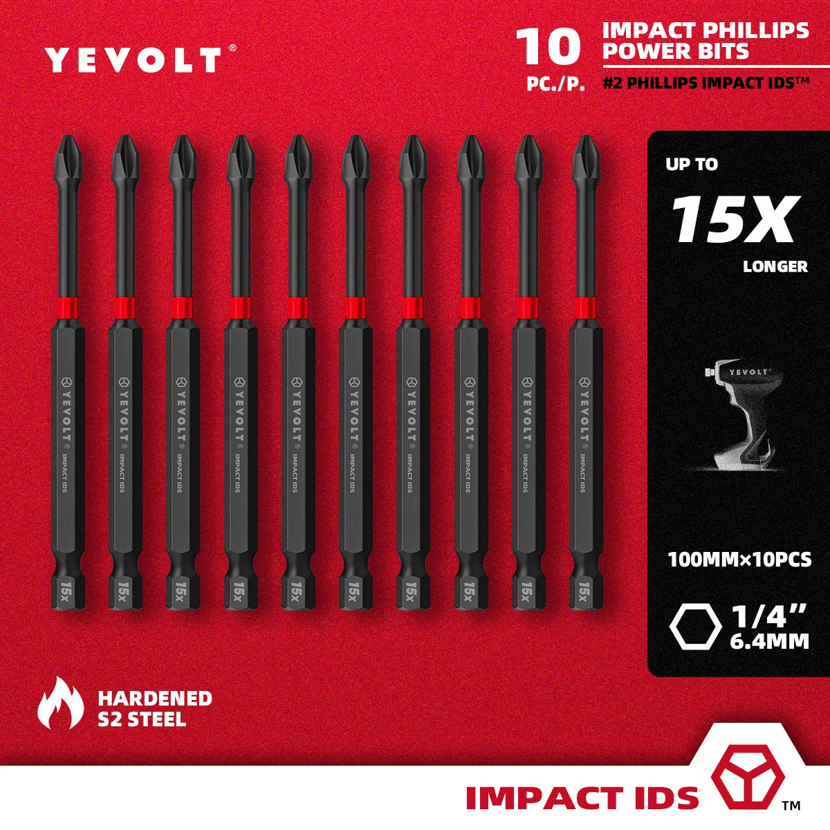 Conjunto de brocas de impacto série YEVOLT YVIDSPH2, 10 peças, 50/65/75/90/100/150 mm, 1/4" Ph2, brocas magnéticas cruzadas, caixa de armazenamento de aço S2