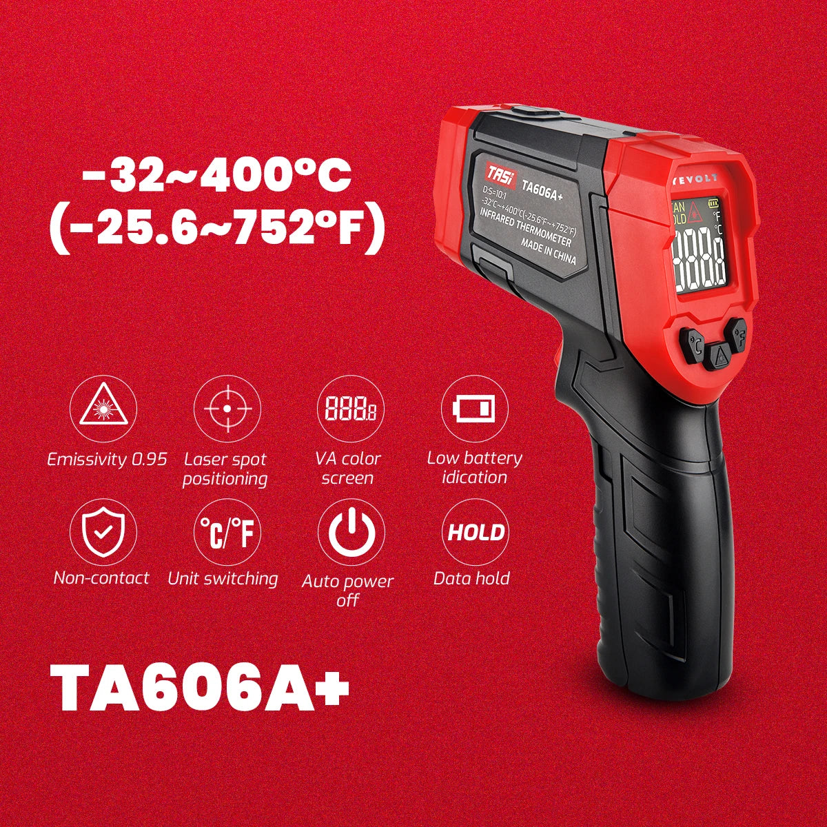 Termômetro infravermelho digital série YEVOLT TA606+, portátil, sem contato, infravermelho, laser, temperatura, pistola, ponto, tela colorida VA