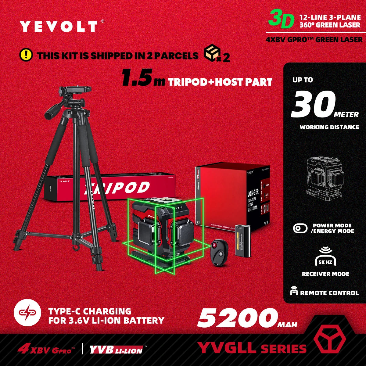 Nível a laser verde de solo YEVOLT YVGLL4XS12T de 12 linhas, autonivelante, 3D, íons de lítio de 3 Ah/5,2 Ah, ferramentas de medição horizontal e vertical 360