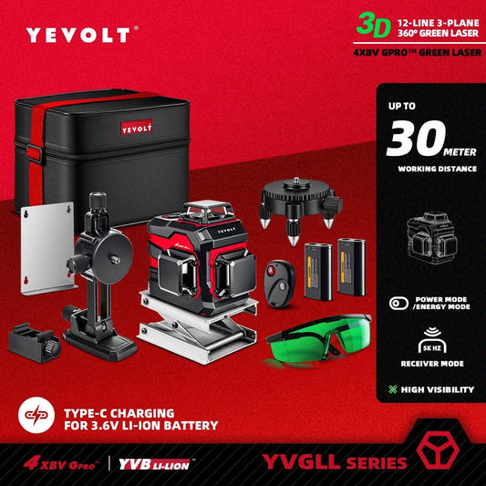 YEVOLT 12-line Laser Level YVGLL4XS12 360° Horizontal/Vertical ±4° Self-Leveling Angle Outdoor Daylight Use Anti-Shock Design