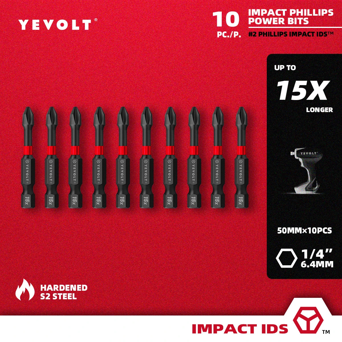 Conjunto de brocas de impacto série YEVOLT YVIDSPH2, 10 peças, 50/65/75/90/100/150 mm, 1/4" Ph2, brocas magnéticas cruzadas, caixa de armazenamento de aço S2