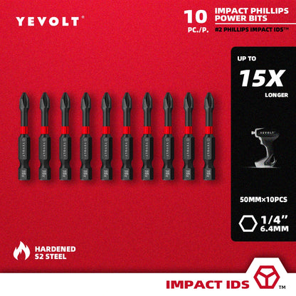 Conjunto de brocas de impacto série YEVOLT YVIDSPH2, 10 peças, 50/65/75/90/100/150 mm, 1/4" Ph2, brocas magnéticas cruzadas, caixa de armazenamento de aço S2
