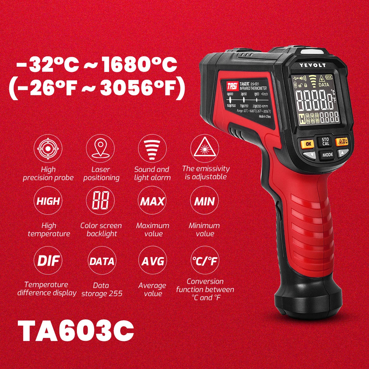 Termômetro infravermelho digital série YEVOLT TA603, portátil, sem contato, infravermelho, laser, pistola de temperatura, tela colorida, luz de fundo