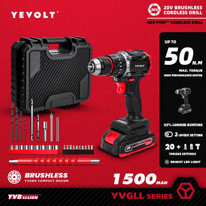 YEVOLT Electric Drill 20V Brushless 20+3 Impact Li-ion Compact Cordless Driver Handheld Screwdriver Power ToolYVGBD20DU3 Series