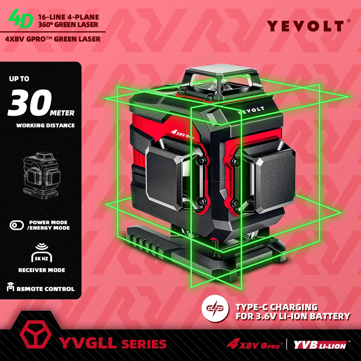 YEVOLT YVGLL4XS16 Nivel láser de 16 líneas TriPlane, plomada y nivel, agrupación inteligente de líneas, diseño de pisos, alta precisión, cobertura de 30 m