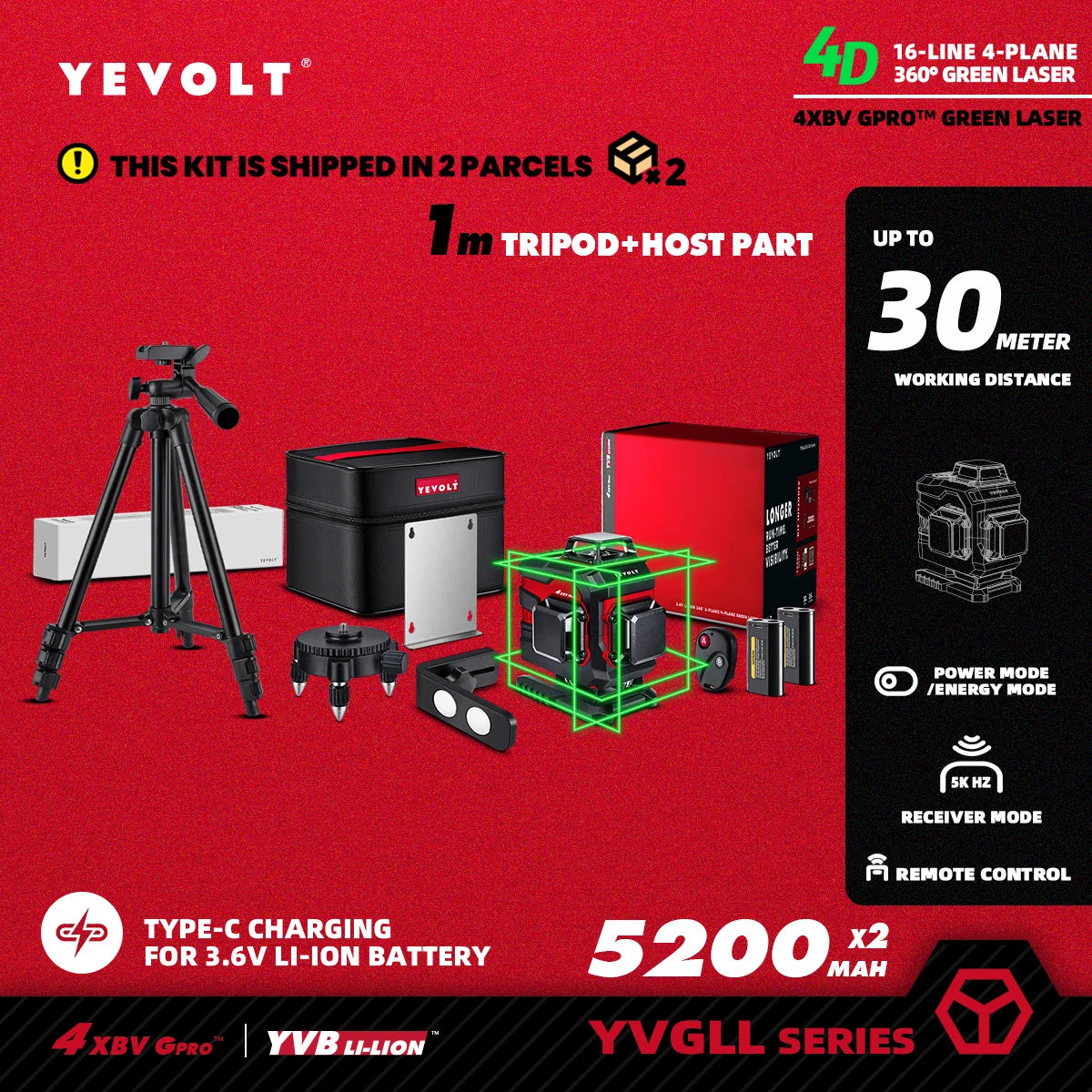 Nível a laser YEVOLT Green Beam 3D horizontal e vertical, 16 linhas, autonivelante, ferramentas de medição precisas de 360° - Série YVGLL4XS16