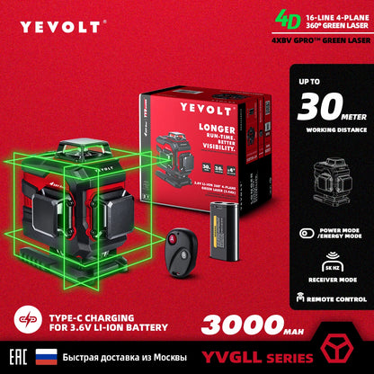 Nível a laser verde YEVOLT, 12/16 linhas, autonivelante, 3/4 planos, 360, ferramenta de medição 3D/4D, tripé de alumínio de 1,5 m, série YVGLL4XS