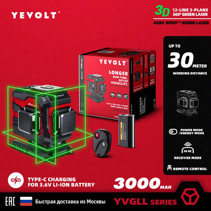 Nível a laser verde YEVOLT, 12/16 linhas, autonivelante, 360°, ferramenta de medição 3D/4D - Tripé de 1,5 m - Série YVGLL4XS