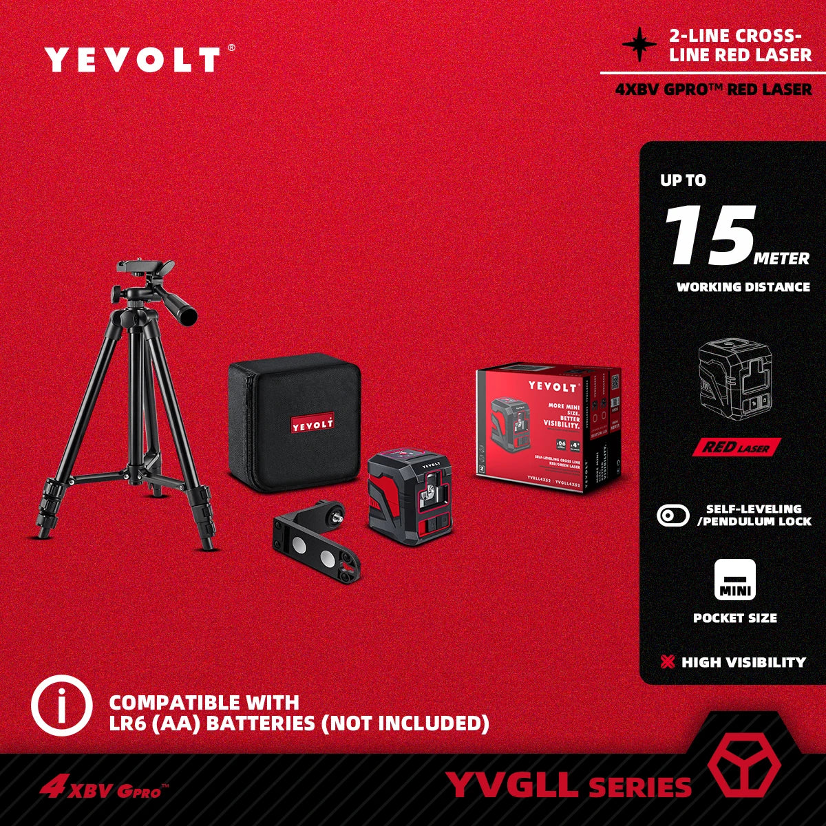 Nível de laser de linha cruzada YEVOLT YVRLL4XS2/YVGLL4XS2 Vermelho/Verde 2 linhas autonivelantes ferramentas de construção