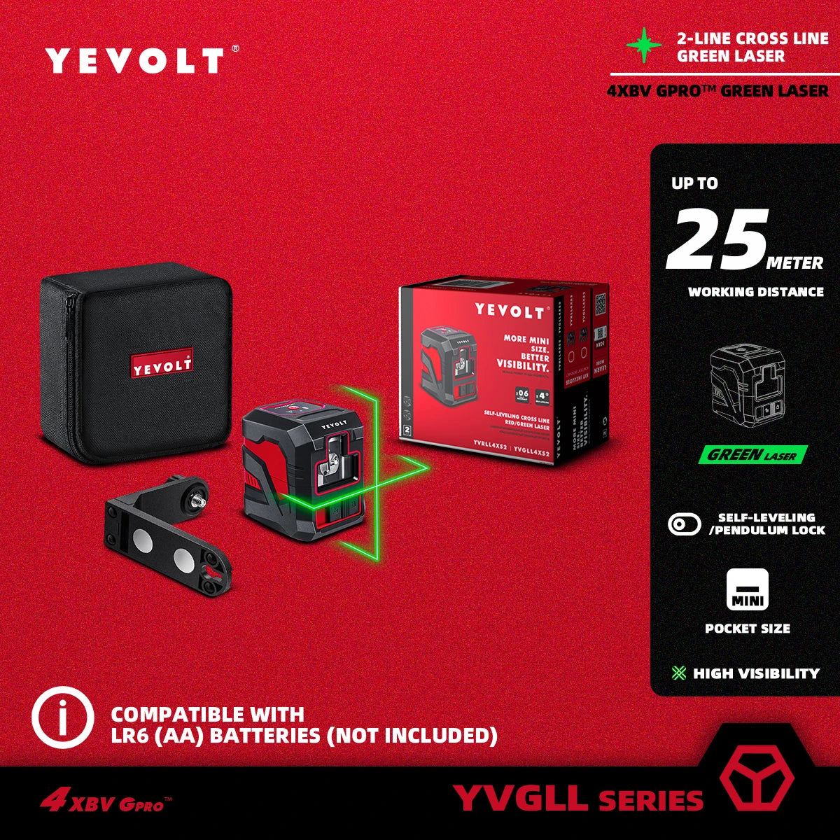 Nível de laser de linha cruzada YEVOLT YVRLL4XS2/YVGLL4XS2 Vermelho/Verde 2 linhas autonivelantes ferramentas de construção