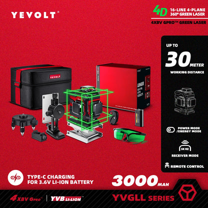 Nível a laser YEVOLT Green Beam 3D horizontal e vertical, 16 linhas, autonivelante, ferramentas de medição precisas de 360° - Série YVGLL4XS16