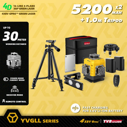 YEVOLT 16-Line Laser Level YVGLL4XS16G-515nm Green Beam 30m Visible Energy Saver 360° Coverage 4s Fast Self-Leveling