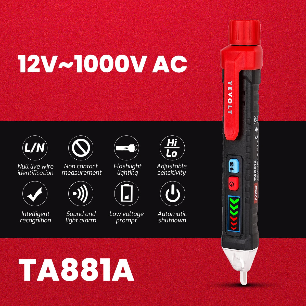 Comprobador de voltaje CA sin contacto YEVOLT TA881A, 12-1000 V CA, linterna LED, alarma sonora para determinar si hay cables con corriente o sin corriente