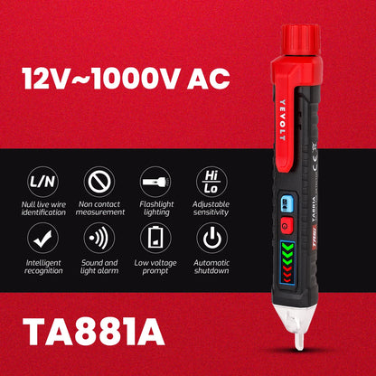 Comprobador de voltaje CA sin contacto YEVOLT TA881A, 12-1000 V CA, linterna LED, alarma sonora para determinar si hay cables con corriente o sin corriente