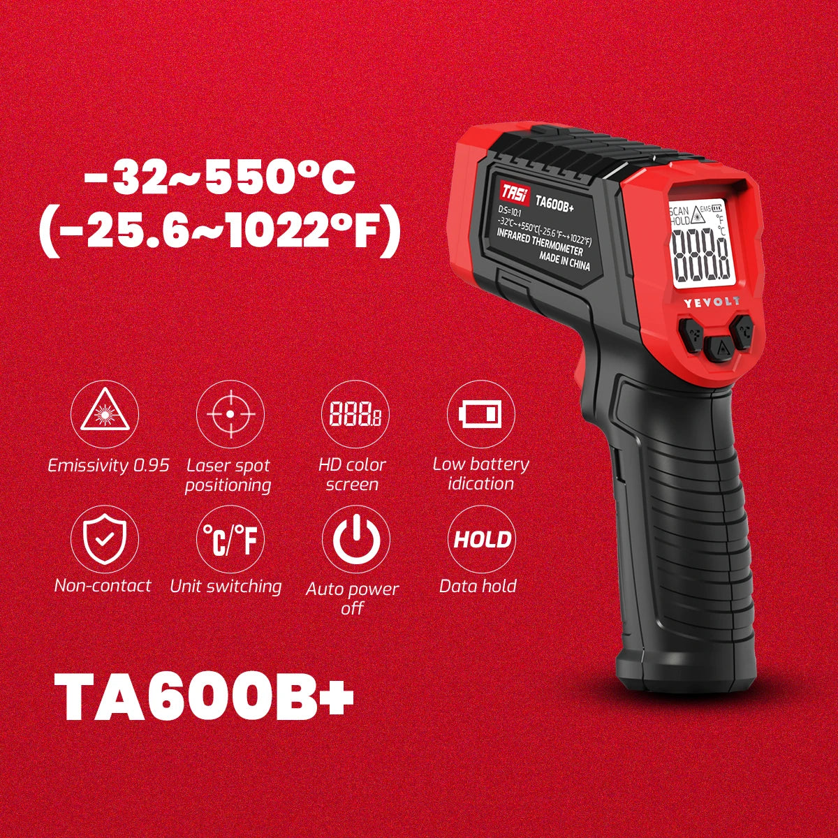 Termômetro infravermelho digital série YEVOLT TA600+, portátil, sem contato, infravermelho, laser, pistola de calor, temperatura, tela HD para cozinhar
