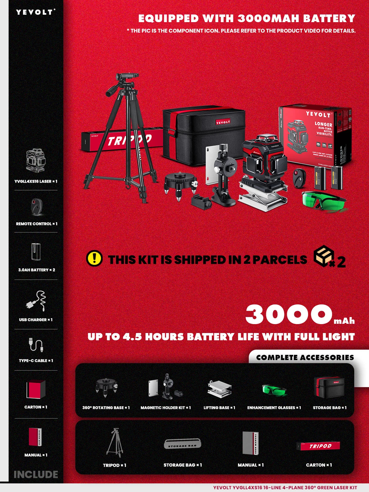 Nível a laser verde YEVOLT YVGLL4XS16 Seires 4D 16 linhas, controle remoto, máquina autoniveladora, ferramentas horizontais e verticais