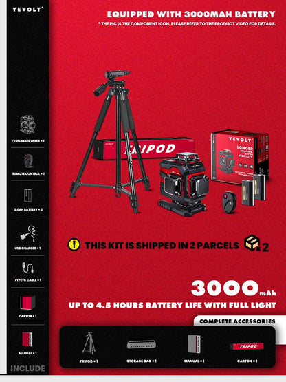 Nível a laser verde YEVOLT YVGLL4XS16DP de 4 planos 4D com 16 linhas e nivelamento automático para uso durante todo o dia, ferramentas de medição horizontais e verticais