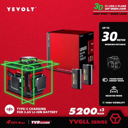 Nível a laser verde YEVOLT YVGLL4XS-Series autonivelante, 3/4 planos, 12/16 linhas, 360 graus, 3D/4D, ferramenta de medição de linhas horizontais e verticais