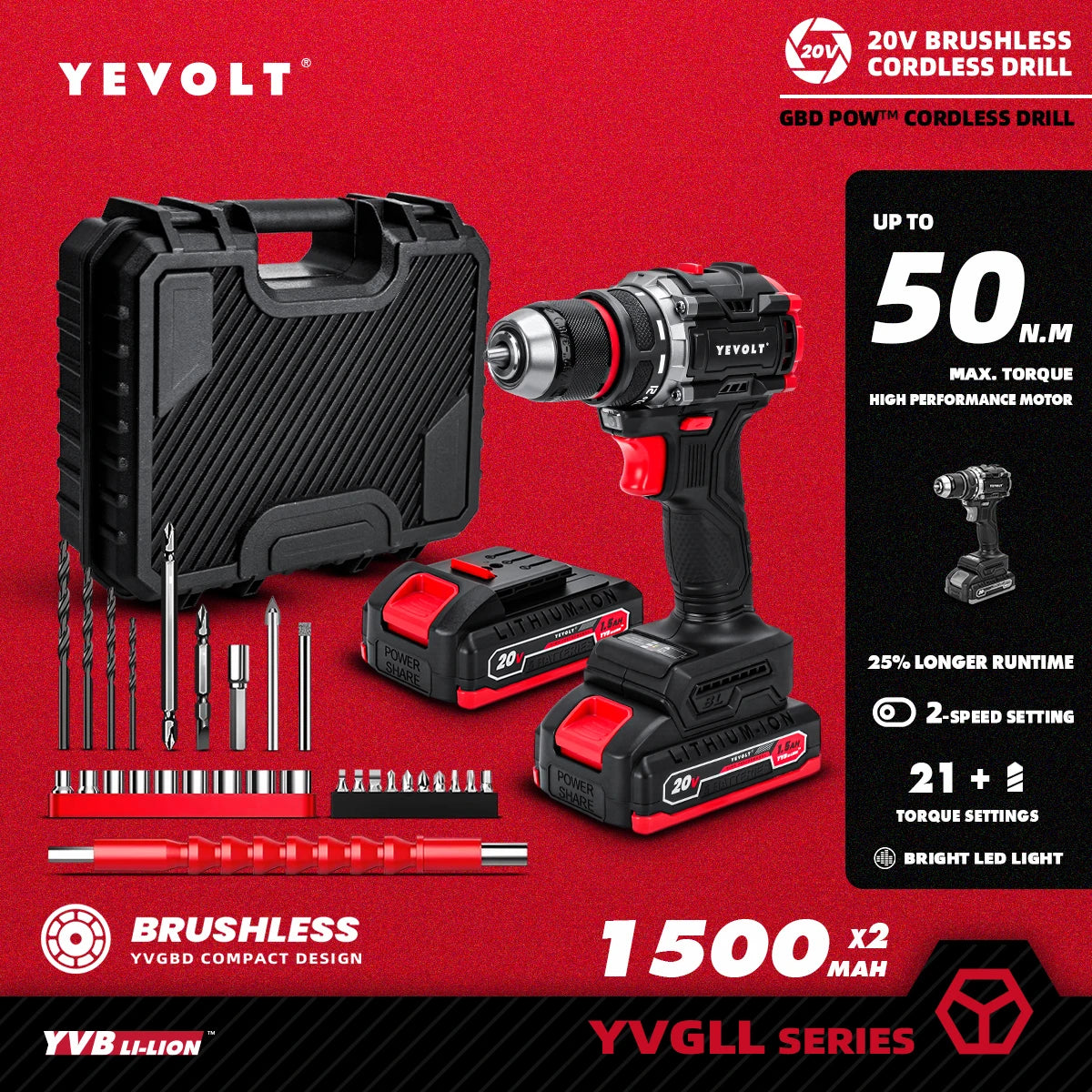 YEVOLT Electric Drill 20V Brushless Li-ion Compact Cordless 21+1 Driver Handheld Screwdriver Power Tools YVGBD20DU2 Series