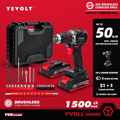 YEVOLT Electric Drill 20V Brushless Li-ion Compact Cordless 21+1 Driver Handheld Screwdriver Power Tools YVGBD20DU2 Series