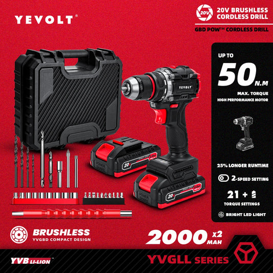 YEVOLT 20V Brushless Electric Drill  Handheld Screwdriver Li-ion Compact Cordless 21+1 Driver Power Tools-YVGBD20DU2 Series