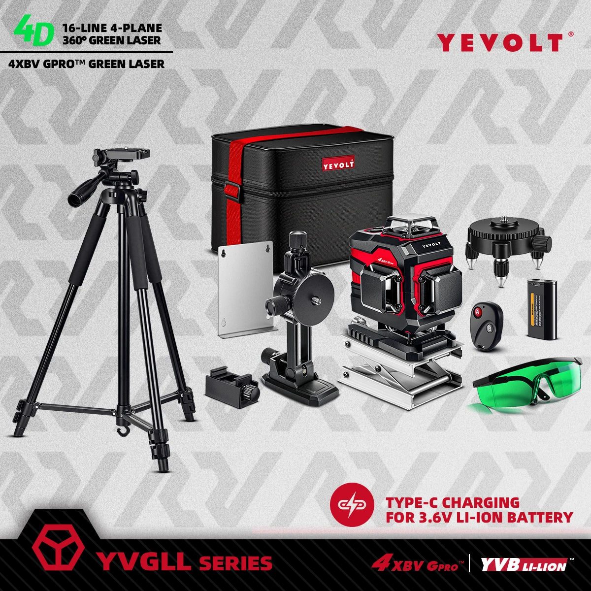 YEVOLT YVGLL4XS16 16 Linhas 4-Plano Laser Verde Ferramentas de Nível 4D com 3Ah/5.2Ah de Potência Máquina de Nivelamento Horizontal e Vertical