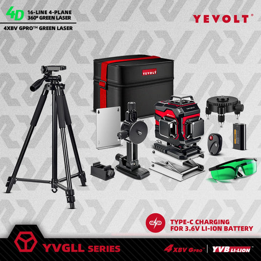 YEVOLT YVGLL4XS16 16 Lines 4-Plane Green Laser Level Tools 4D with 3Ah/5.2Ah Power Self-Leveling Machine Horizontal & Vertical