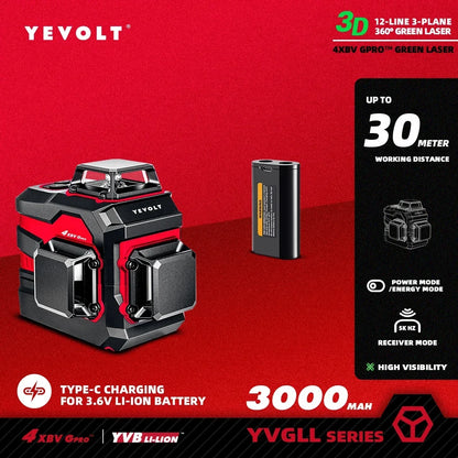 Ferramenta de nivelamento automático YEVOLT Select 12/16 Line, luz verde, alta visibilidade com função de bloqueio de inclinação para construção e projetos DIY