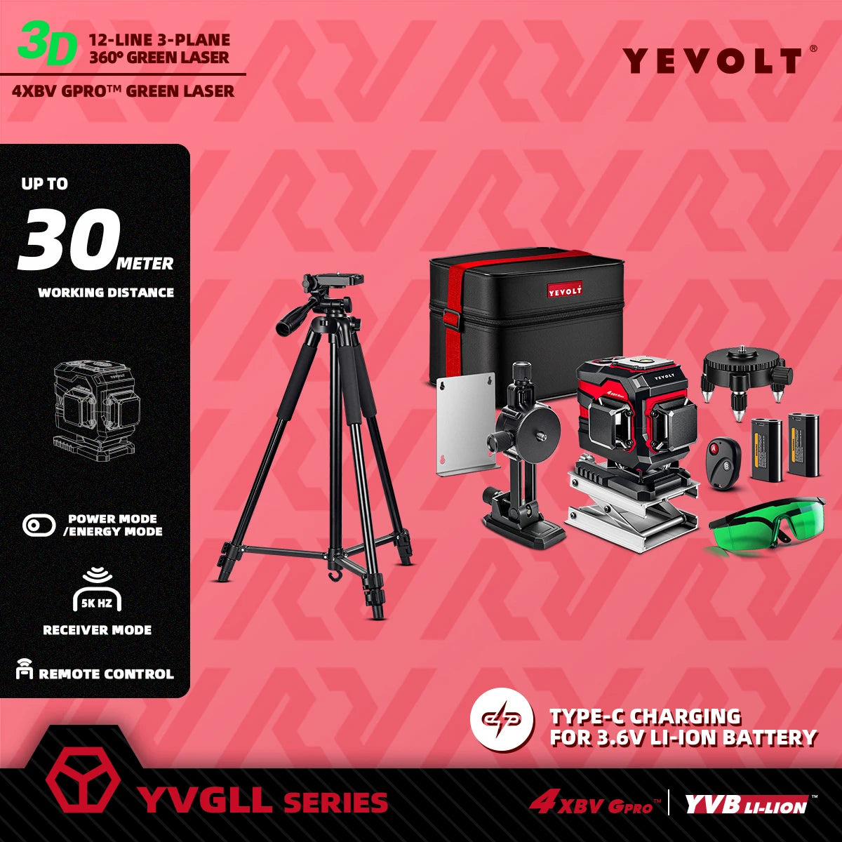 Laser de chão YEVOLT YVGLL4XS12T verde de 520 nm com projeção de 12 linhas IP54 à prova de poeira para pisos de cerâmica