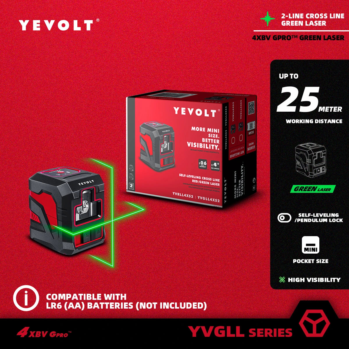 Nível de laser de linha cruzada YEVOLT YVRLL4XS2/YVGLL4XS2 Vermelho/Verde 2 linhas autonivelantes ferramentas de construção