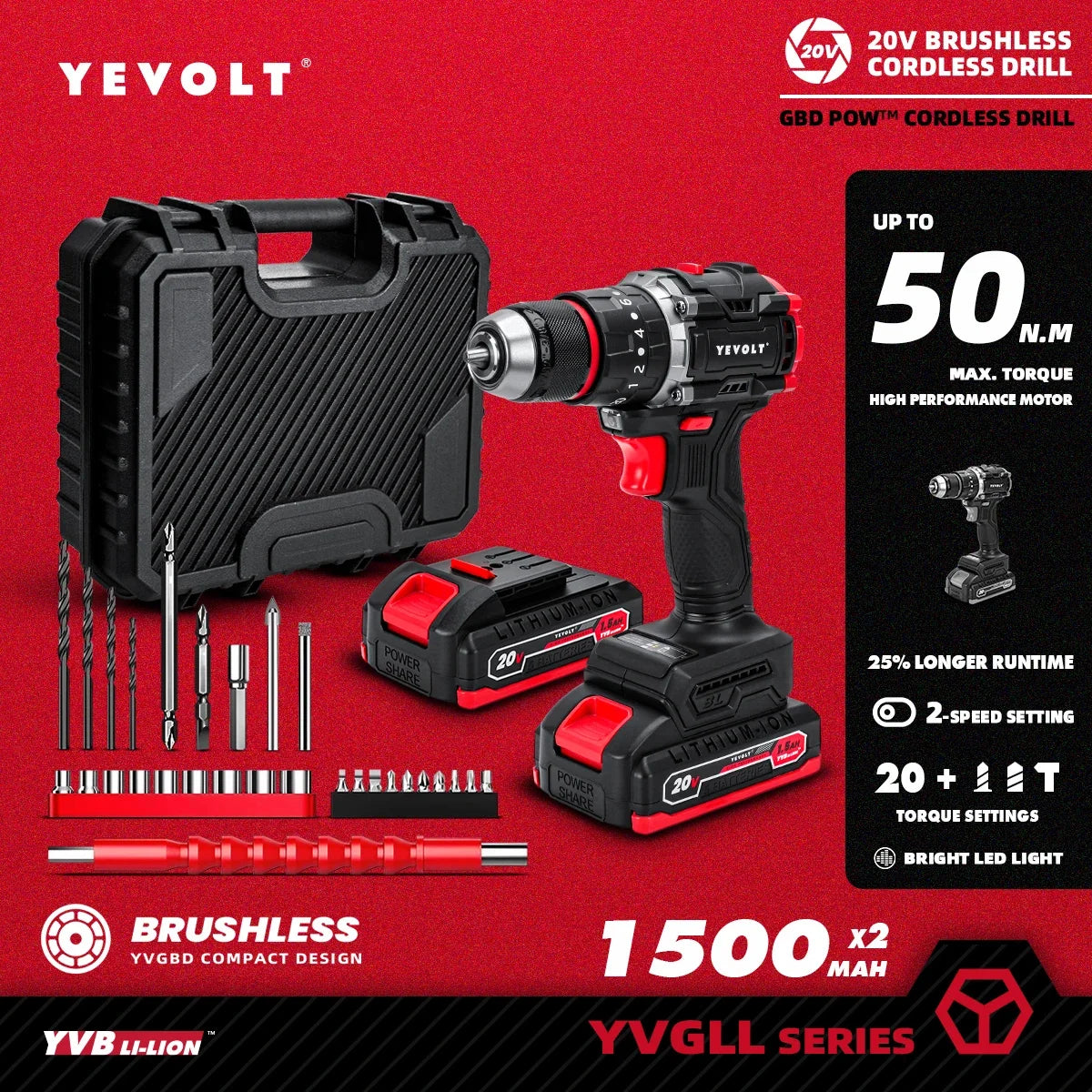 Taladro atornillador inalámbrico YEVOLT YVGBD20DU2 de 20 V con mayor autonomía, sin escobillas, 50 Nm máx., ajuste de par 21+1, mandril autoajustable