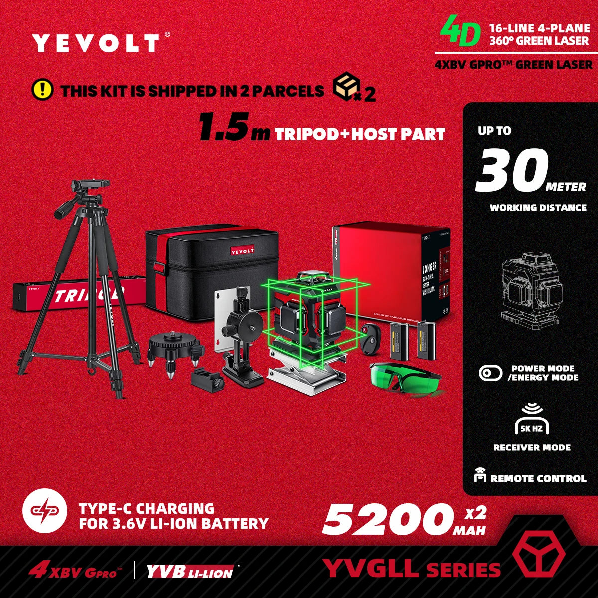 Nível a laser YEVOLT Green Beam, 16 linhas, autonivelante, 360°, 3D, horizontal e vertical, ferramentas de medição precisas - Série YVGLL4XS16