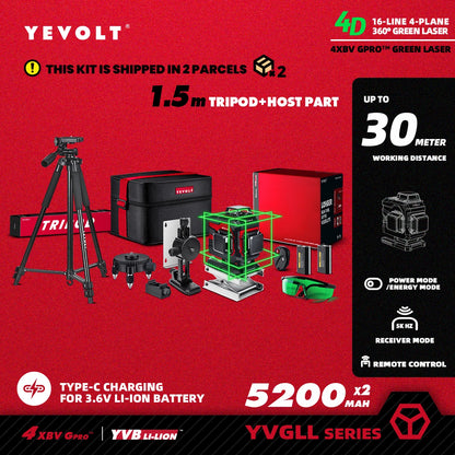 Nível a laser YEVOLT Green Beam, 16 linhas, autonivelante, 360°, 3D, horizontal e vertical, ferramentas de medição precisas - Série YVGLL4XS16