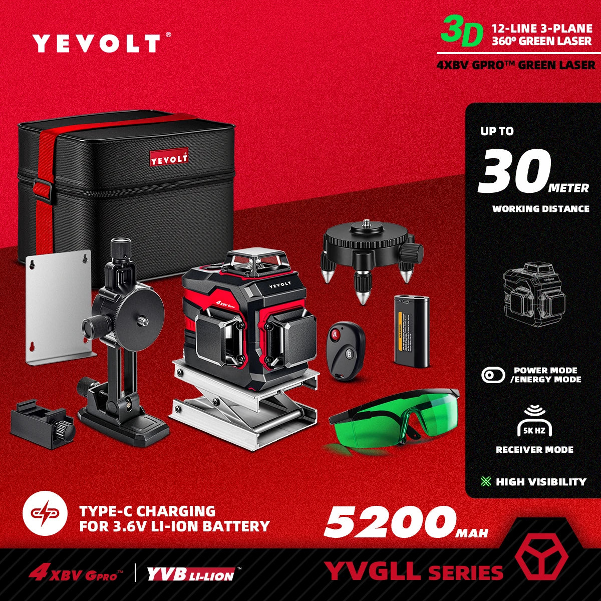 Nível a laser YEVOLT Série YVGLL4XS Verde 12/16 linhas 3/4 planos autonivelante 360 ​​3D/4D ferramenta de medição de linhas horizontais e verticais