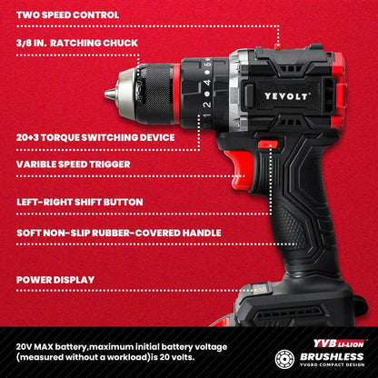 Furadeira elétrica sem fio YEVOLT YVGBD20DU2 20V ECM com motor sem escovas, 21+1 ajustes de torque, mandril de aço de 50 Nm sem chave