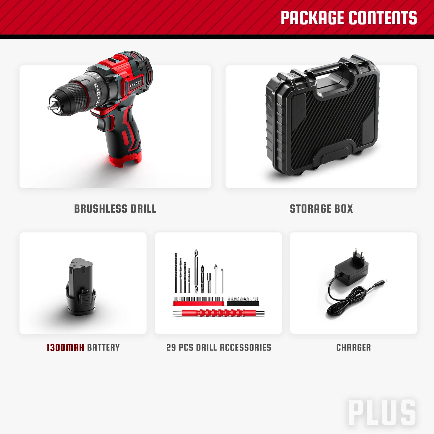 YEVOLT YVGCB12JY Series 12V Brushless Electric Drill Li-ion Compact Cordless Driver High Speed Handheld Screwdriver Power Tools