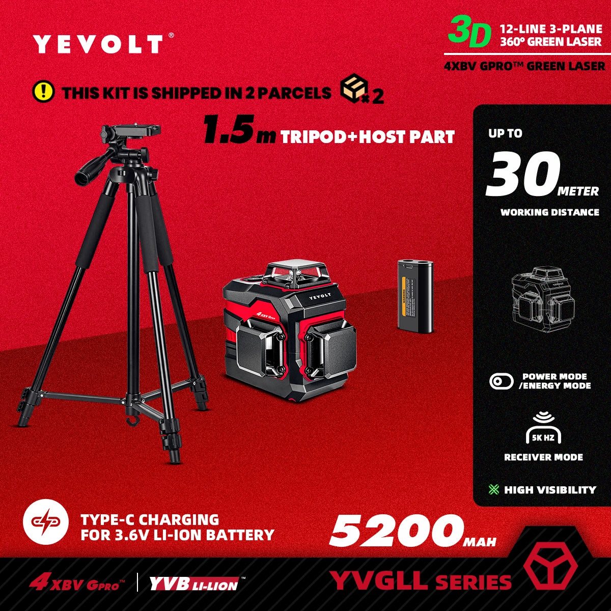 Nível a laser de feixe verde YEVOLT, 12/16 linhas, autonivelante, 3D, 360°, ferramenta de medição precisa com tripé de 1,5 m - Série TP-YVGLL4XS