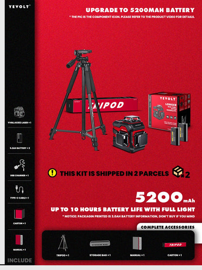 Nível a laser verde série YEVOLT YVGLL4XS12PRO, 3 planos, 12 linhas, autonivelante, 360 graus, horizontal e vertical, 3,6 V, 5,2 Ah, ferramentas elétricas