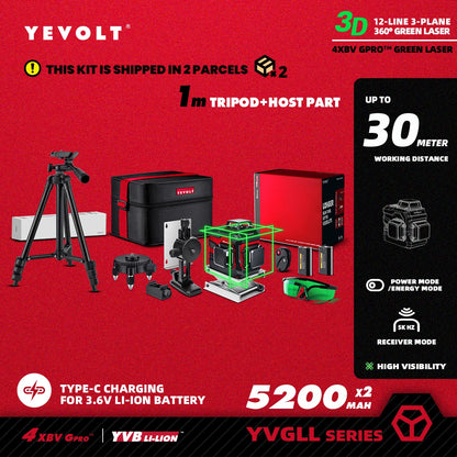 Nível a laser verde YEVOLT TL-YVGLL4XS-Series 3/4-Plano 12/16-Linhas Autonivelante 360 ​​3D/4D Ferramenta de medição de potência - Tripé de 1 m