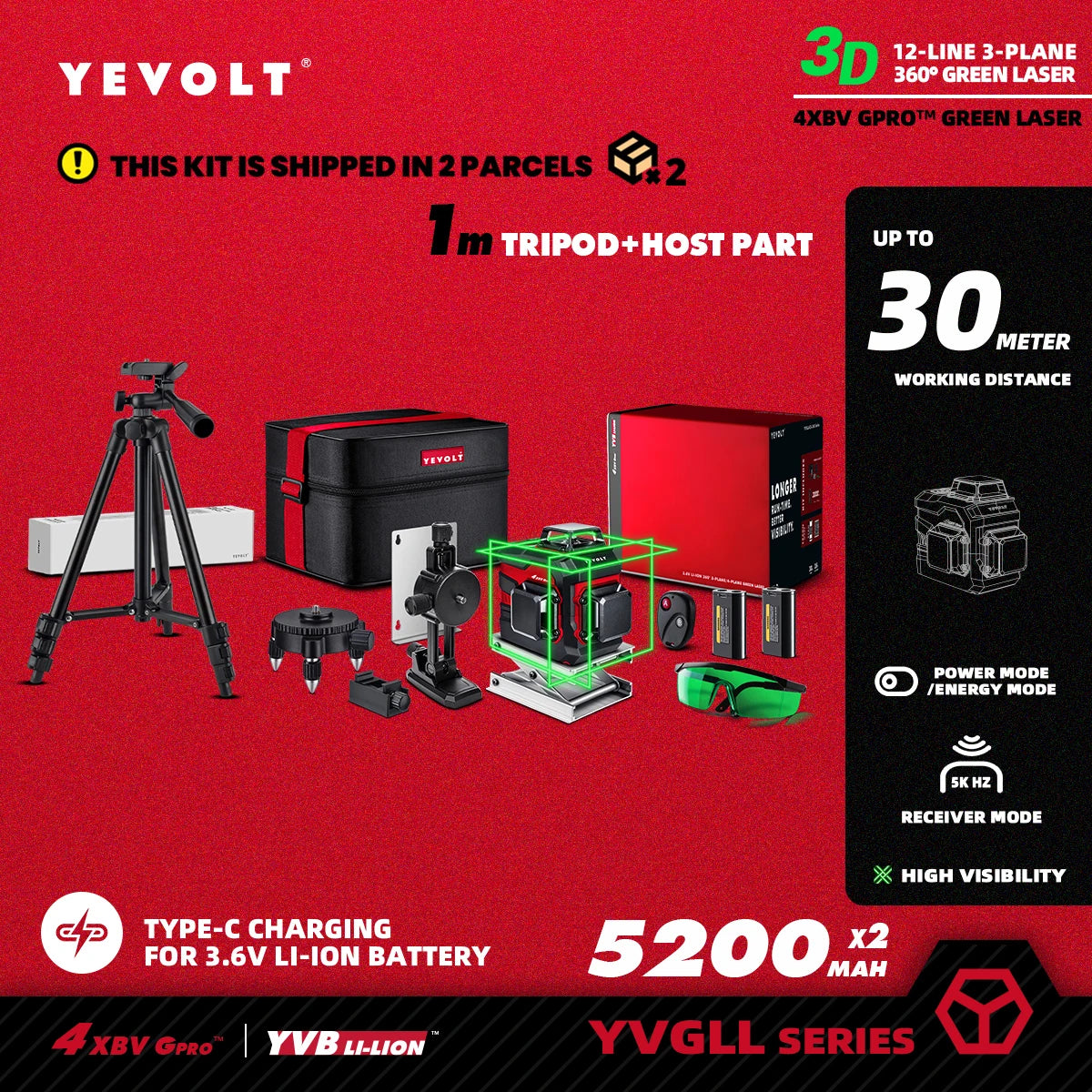 Nível a laser verde YEVOLT 3/4-Plano TL-YVGLL4XS-Series 12/16-Linhas Autonivelante 360 ​​3D/4D Ferramenta de medição de potência - Tripé de 1 m